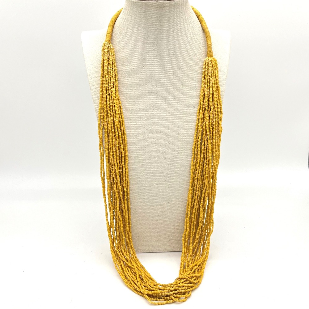 Mustard Yellow Multi Strand Seed Bead Statement Necklace Layered Boho